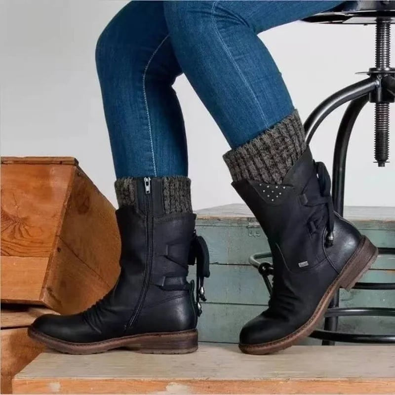 Marlene | Stiefel Damen Kunstleder Wadenhoch mit Rückenschnürung