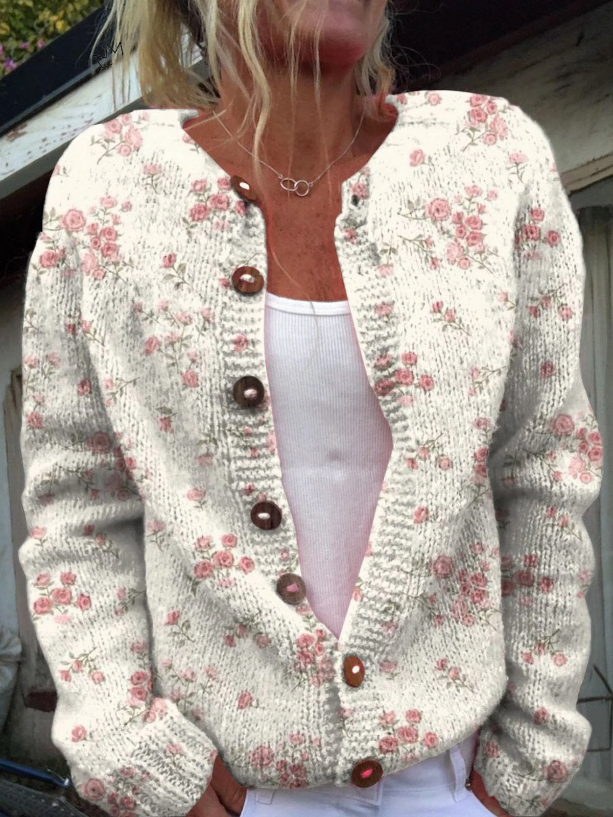 Marlene | Strickjacke mit Blumenmuster Damen Knopfleiste Vintage