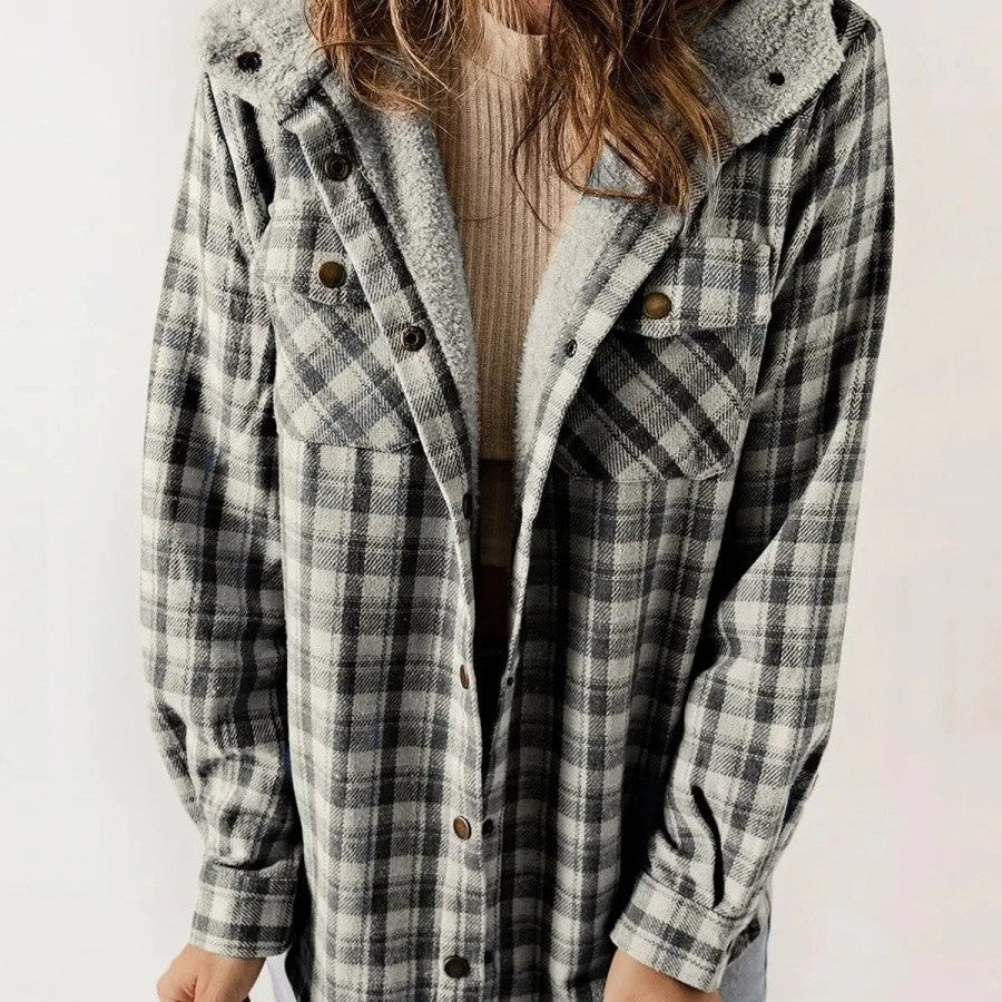 Mathilda | Jacke Fleece Damen Kariert mit Kapuze Sherpa