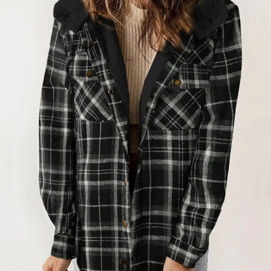 Mathilda | Jacke Fleece Damen Kariert mit Kapuze Sherpa
