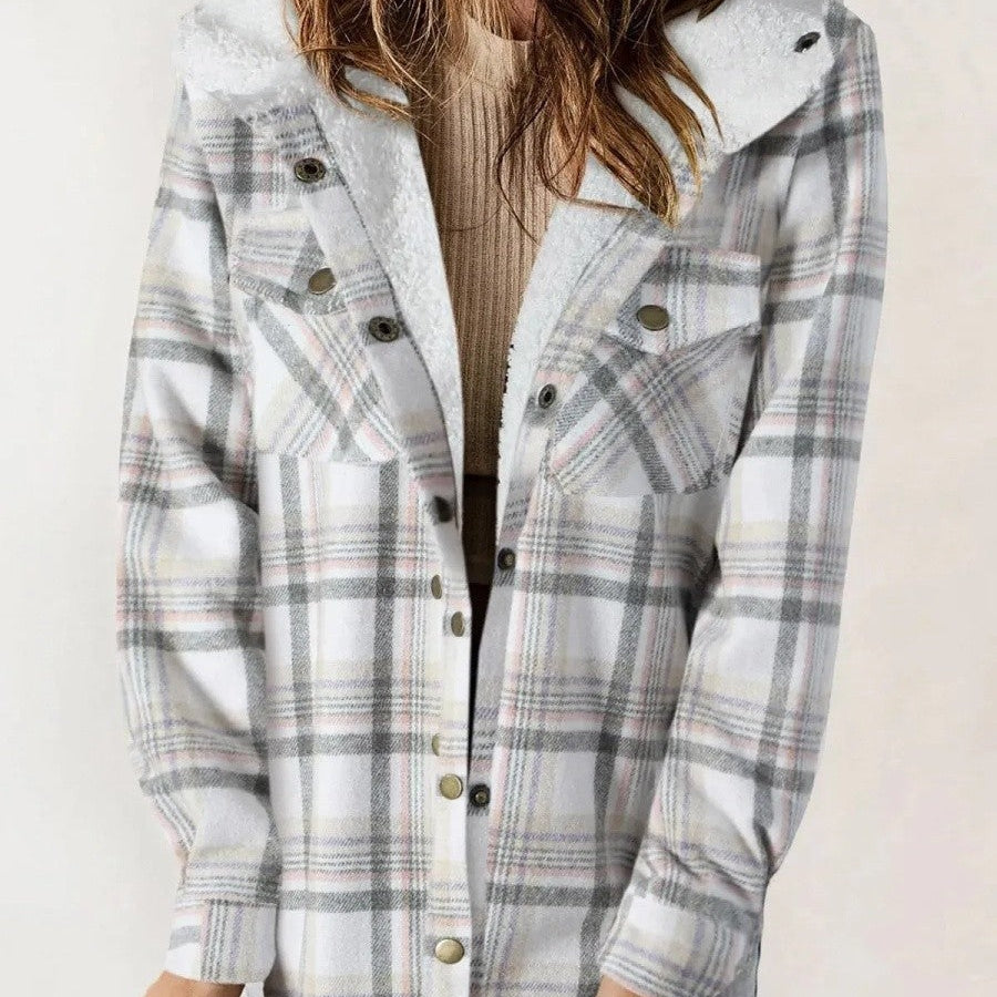 Mathilda | Jacke Fleece Damen Kariert mit Kapuze Sherpa