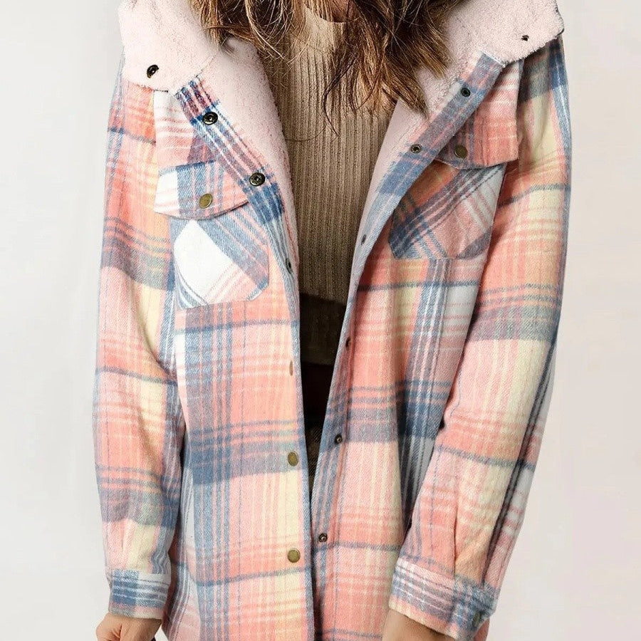 Mathilda | Jacke Fleece Damen Kariert mit Kapuze Sherpa