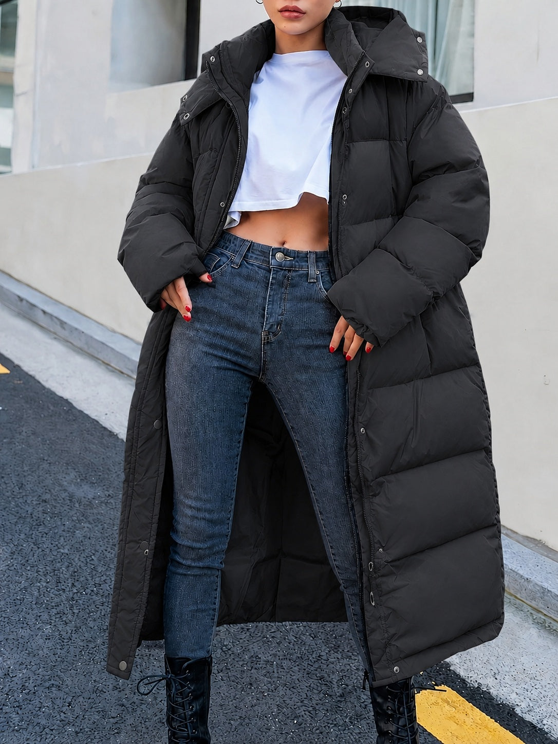 Mathilda | Lange Daunenjacke Damen mit Kapuze Steppjacke