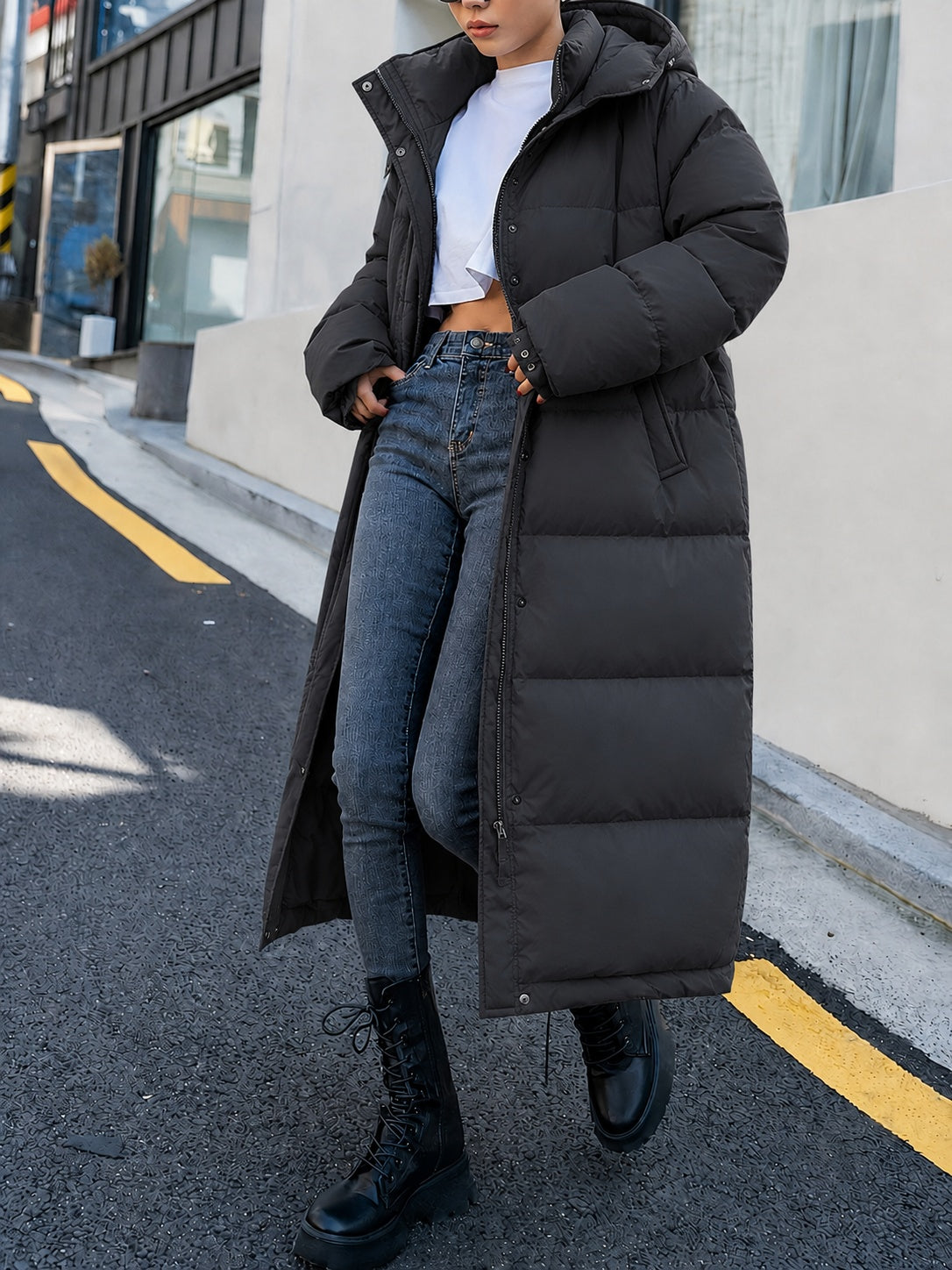 Mathilda | Lange Daunenjacke Damen mit Kapuze Steppjacke