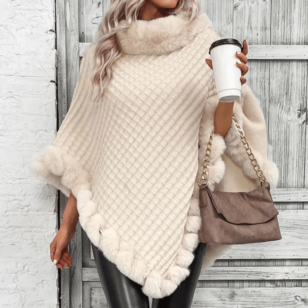 Mathilda | Poncho Damen mit Kunstpelzkragen und Webstruktur