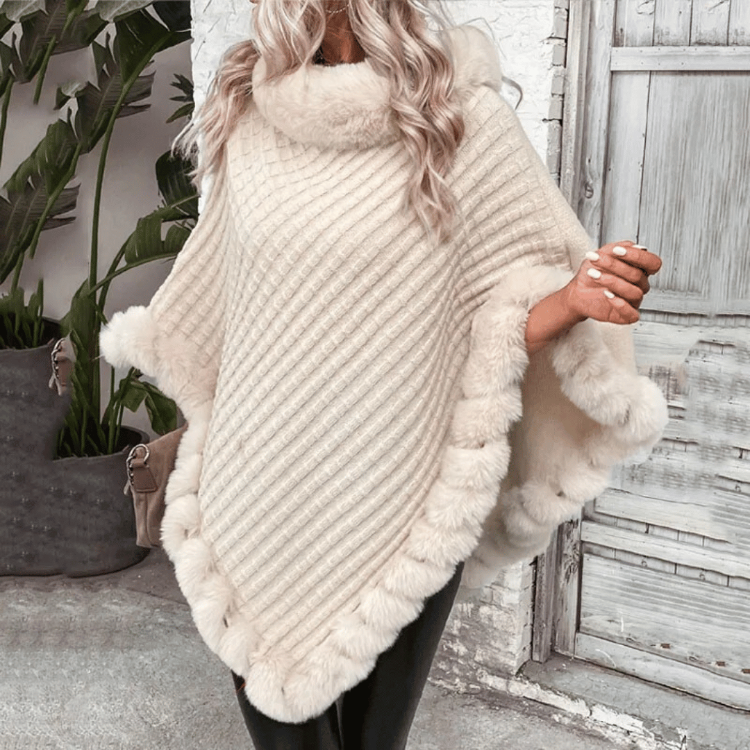 Mathilda | Poncho Damen mit Kunstpelzkragen und Webstruktur