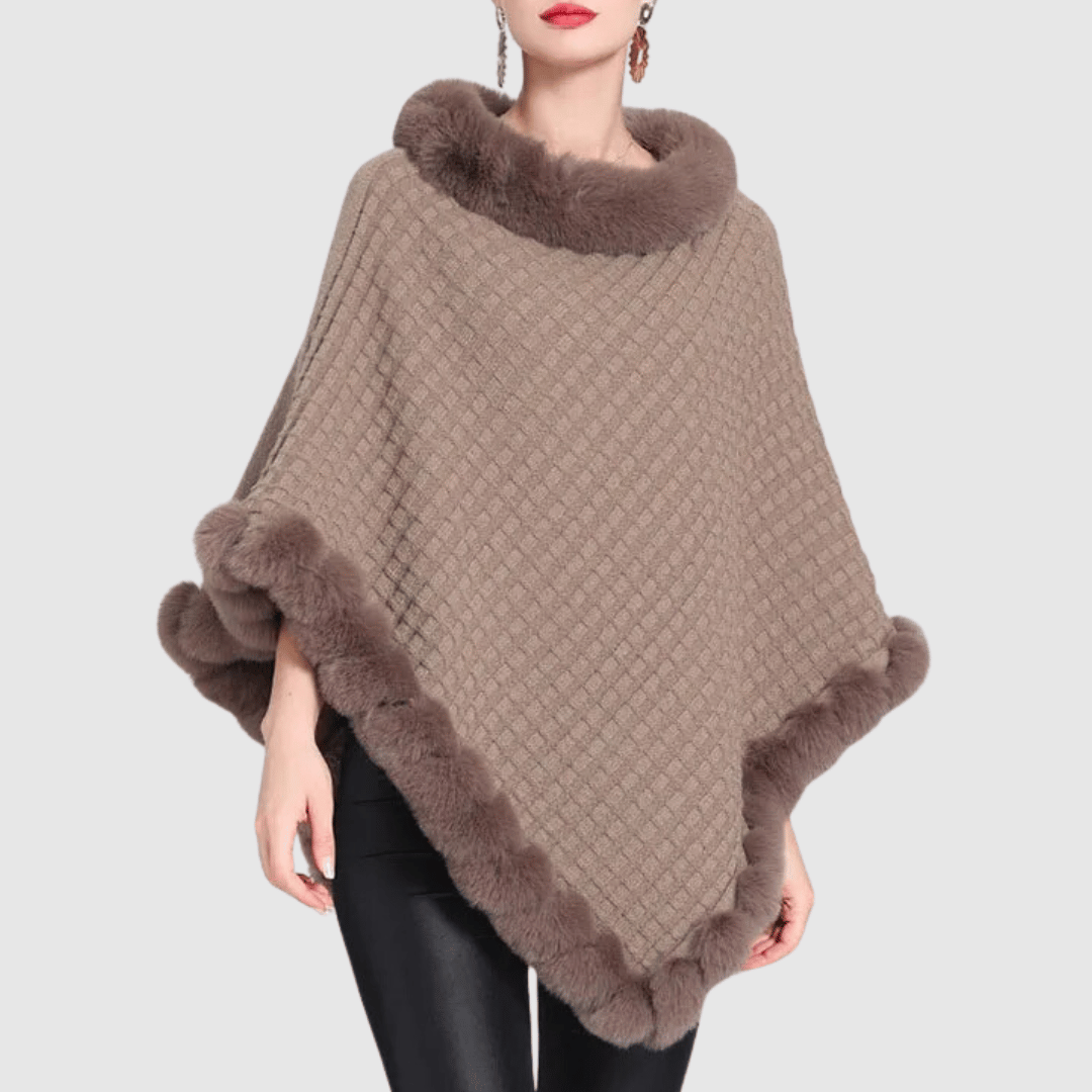 Mathilda | Poncho Damen mit Kunstpelzkragen und Webstruktur