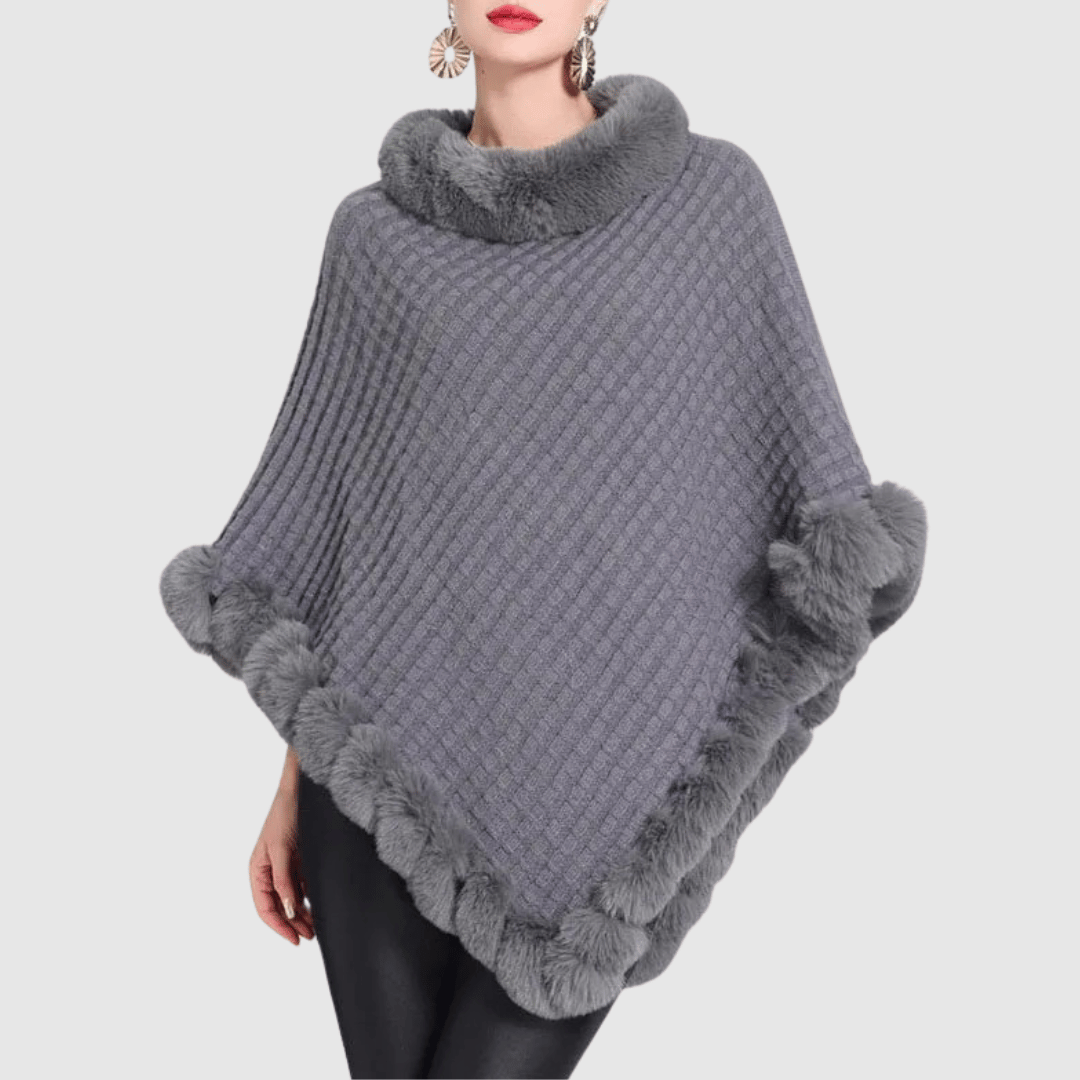 Mathilda | Poncho Damen mit Kunstpelzkragen und Webstruktur