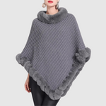 Mathilda | Poncho Damen mit Kunstpelzkragen und Webstruktur