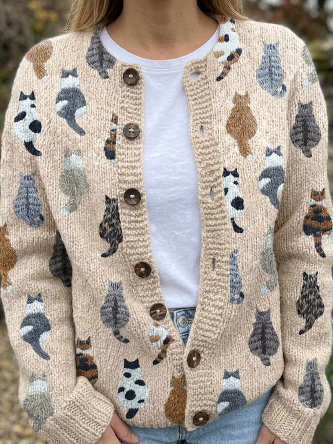 Mathilda | Strickjacke mit Katzenmotiv Damen Grobstrick Rundhals