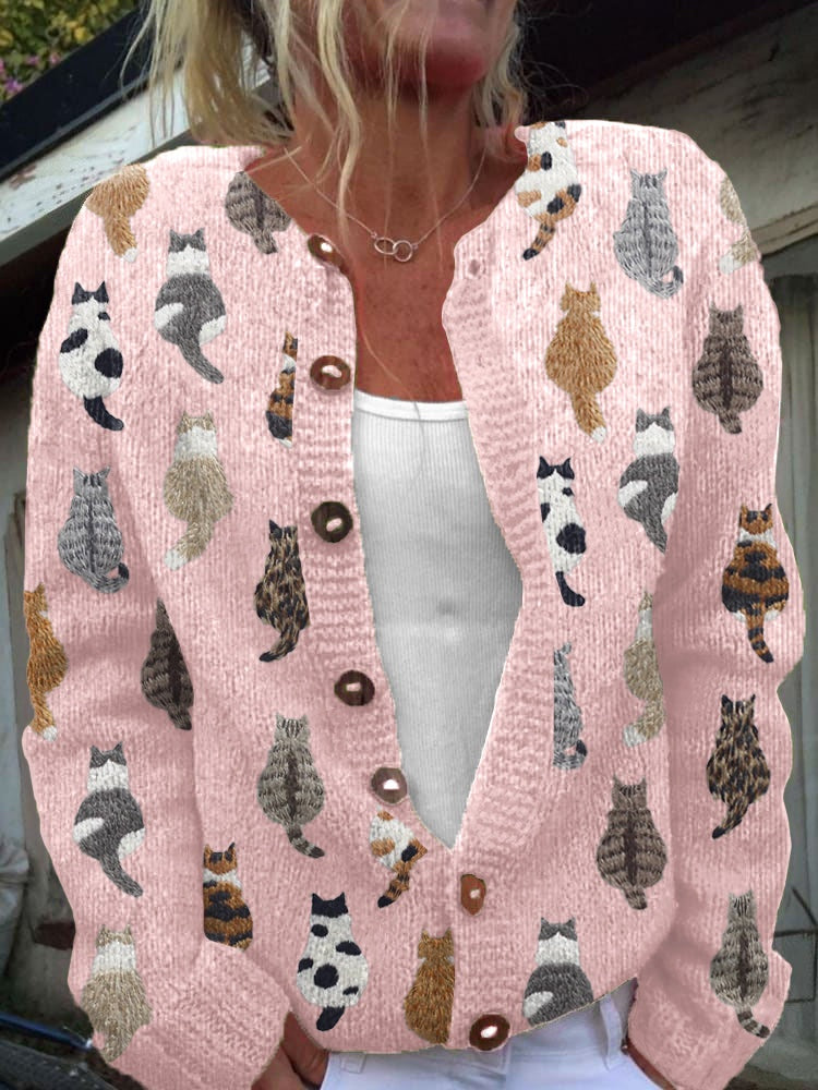 Mathilda | Strickjacke mit Katzenmotiv Damen Grobstrick Rundhals
