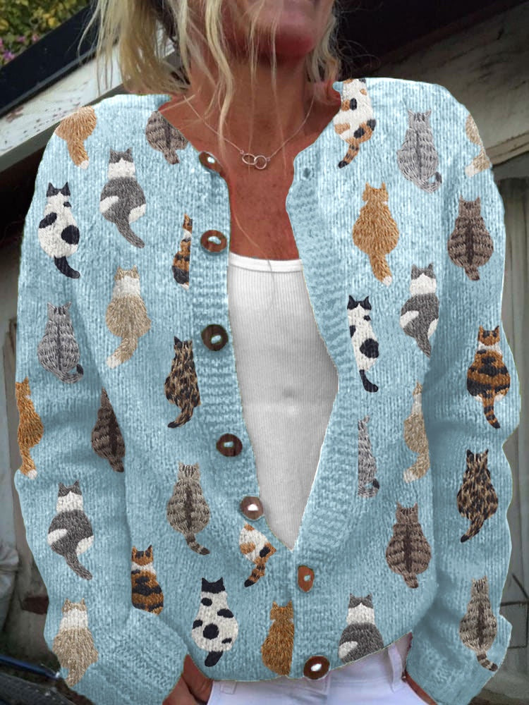 Mathilda | Strickjacke mit Katzenmotiv Damen Grobstrick Rundhals