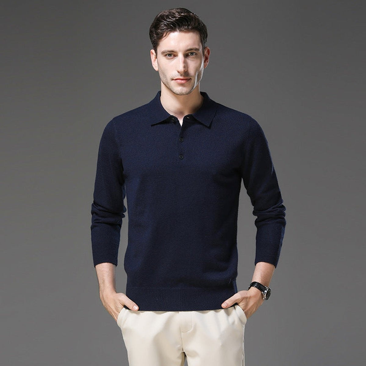 Maximilian | Kaschmir Polopullover Herren Langarm Strick Polokragen