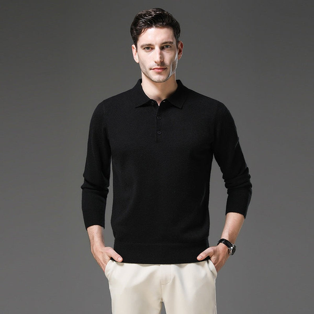 Maximilian | Kaschmir Polopullover Herren Langarm Strick Polokragen