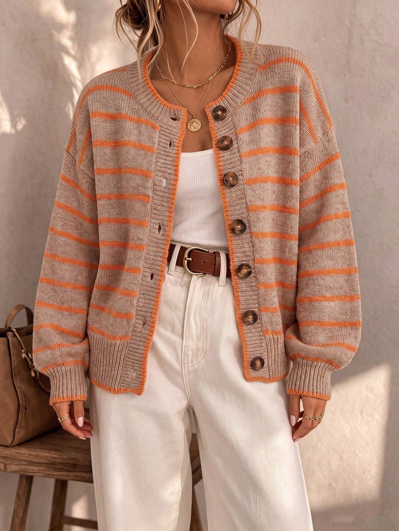 Mirjam | Strickjacke Oversize Gestreift mit Knöpfen Damen Rundhals
