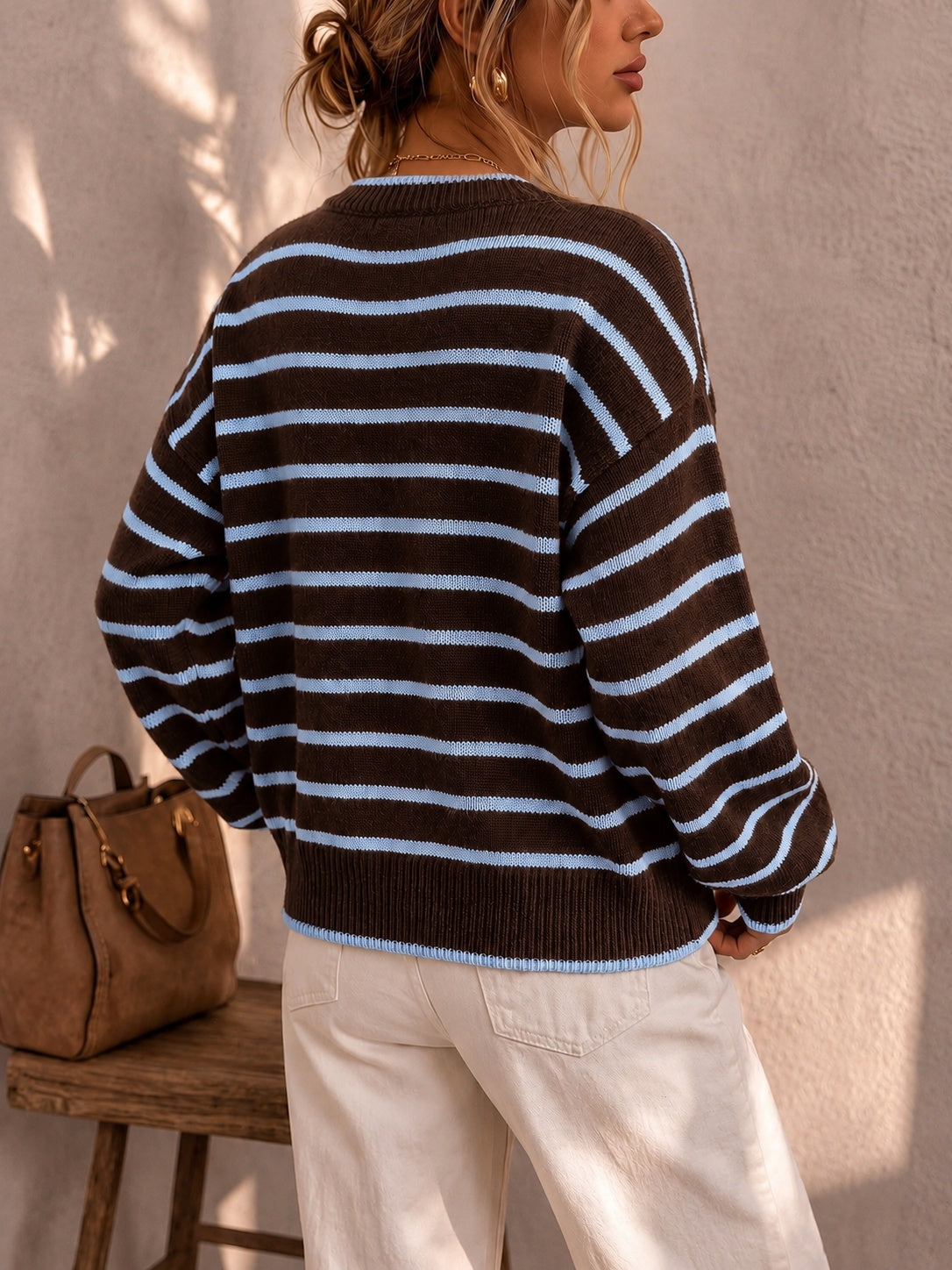 Mirjam | Strickjacke Oversize Gestreift mit Knöpfen Damen Rundhals