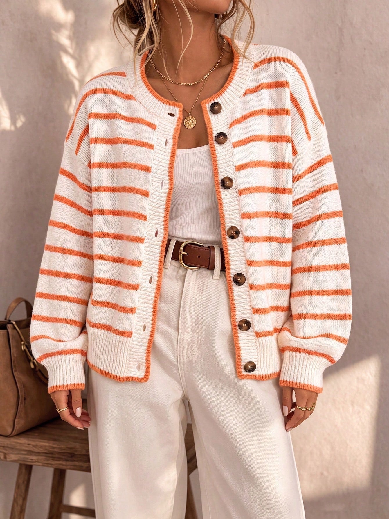 Mirjam | Strickjacke Oversize Gestreift mit Knöpfen Damen Rundhals