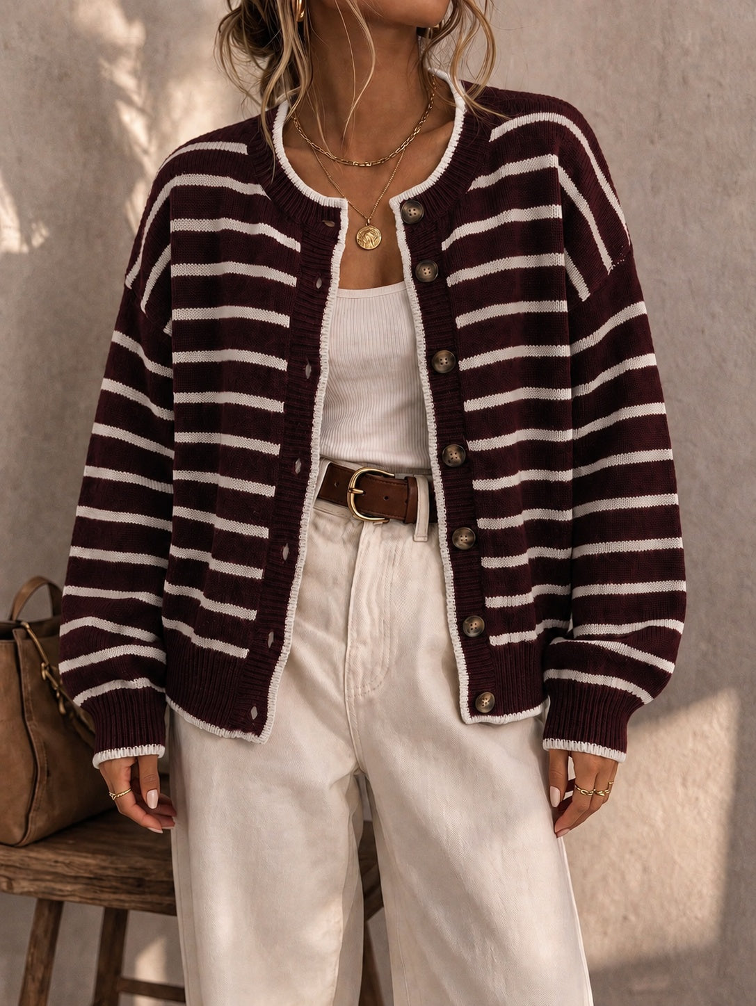 Mirjam | Strickjacke Oversize Gestreift mit Knöpfen Damen Rundhals