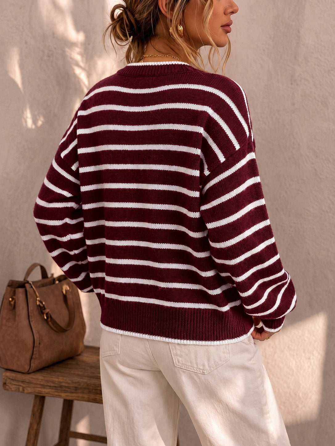 Mirjam | Strickjacke Oversize Gestreift mit Knöpfen Damen Rundhals