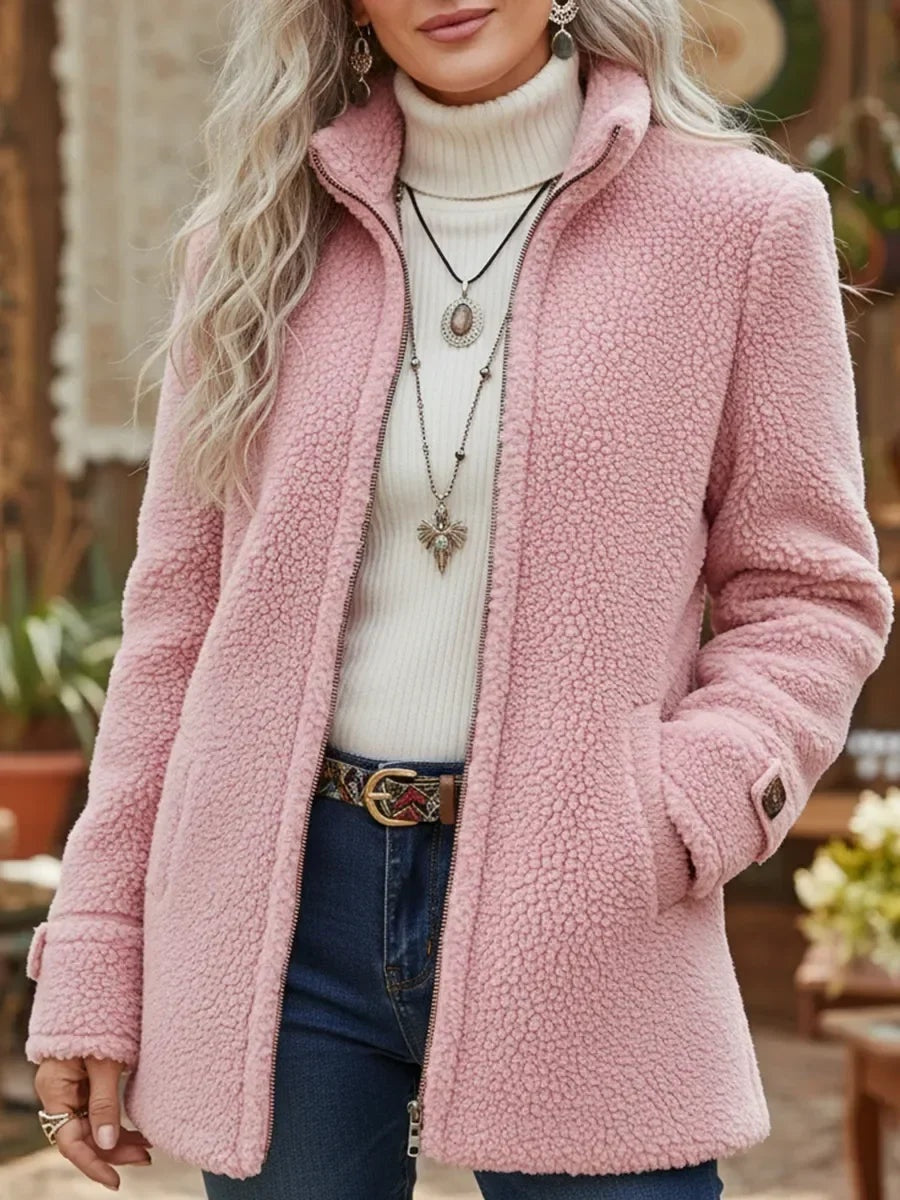 Nathalie | Fleecejacke Damen im Lammwoll-Look mit Stehkragen und Reissverschluss