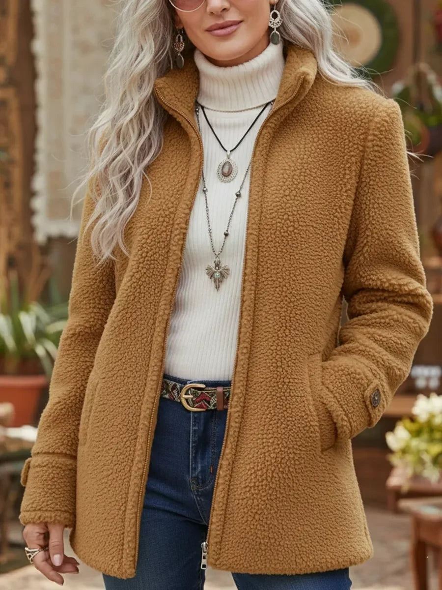 Nathalie | Fleecejacke Damen im Lammwoll-Look mit Stehkragen und Reissverschluss