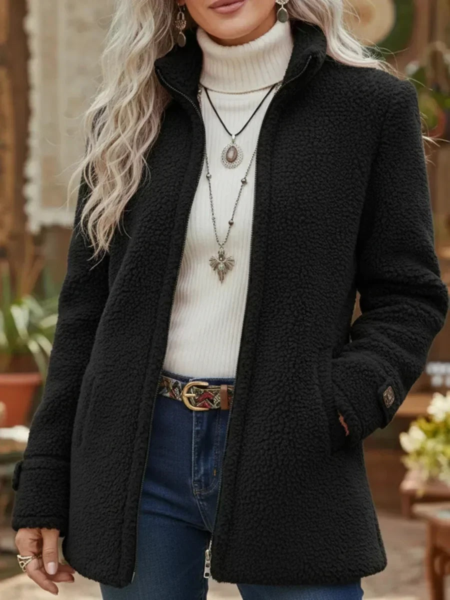 Nathalie | Fleecejacke Damen im Lammwoll-Look mit Stehkragen und Reissverschluss