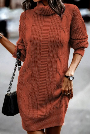 Nathalie | Strickkleid Damen Rollkragen Zopfmuster