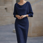 Noemi | Elegantes Strickkleid Midi Damen Wasserfallausschnitt Fledermausärmel