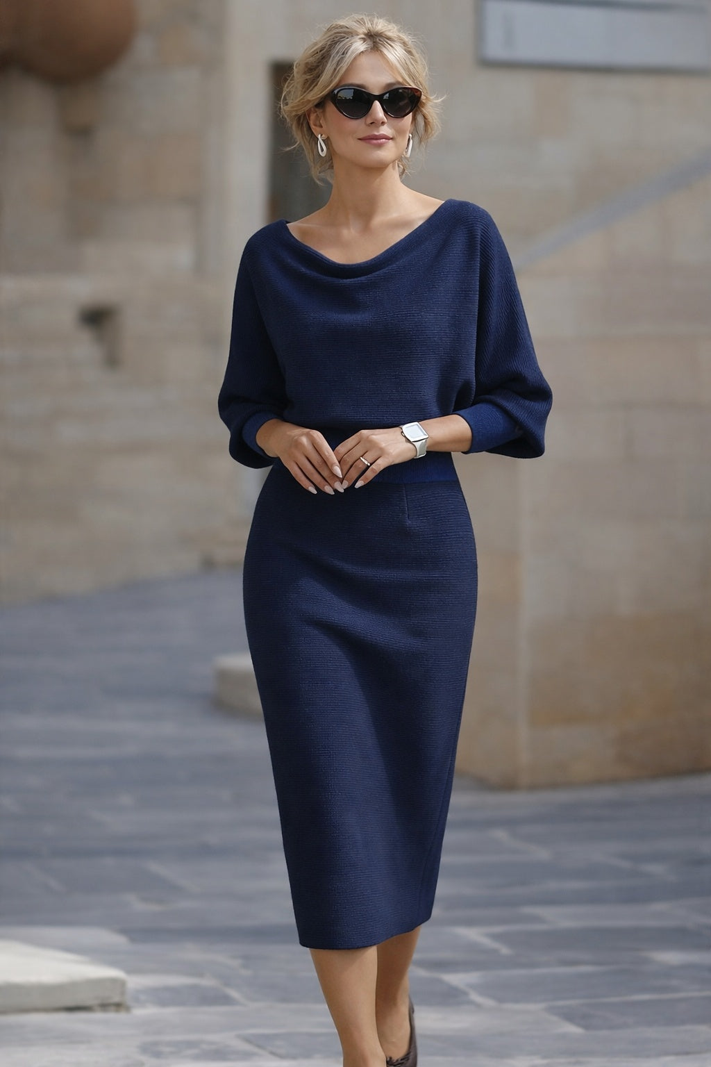 Noemi | Elegantes Strickkleid Midi Damen Wasserfallausschnitt Fledermausärmel