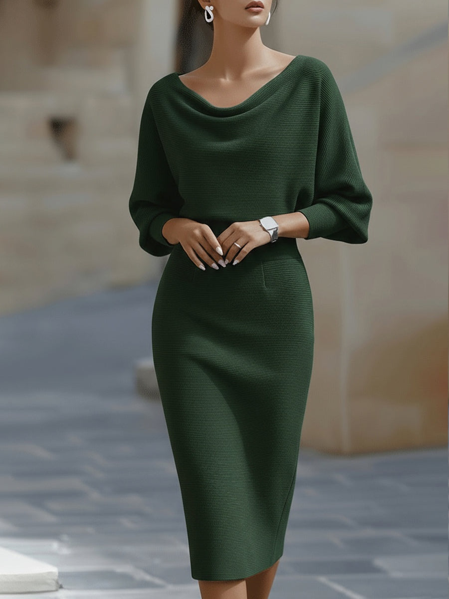Noemi | Elegantes Strickkleid Midi Damen Wasserfallausschnitt Fledermausärmel