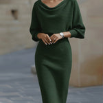 Noemi | Elegantes Strickkleid Midi Damen Wasserfallausschnitt Fledermausärmel