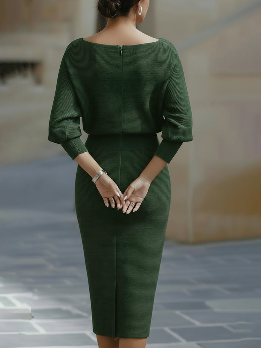 Noemi | Elegantes Strickkleid Midi Damen Wasserfallausschnitt Fledermausärmel