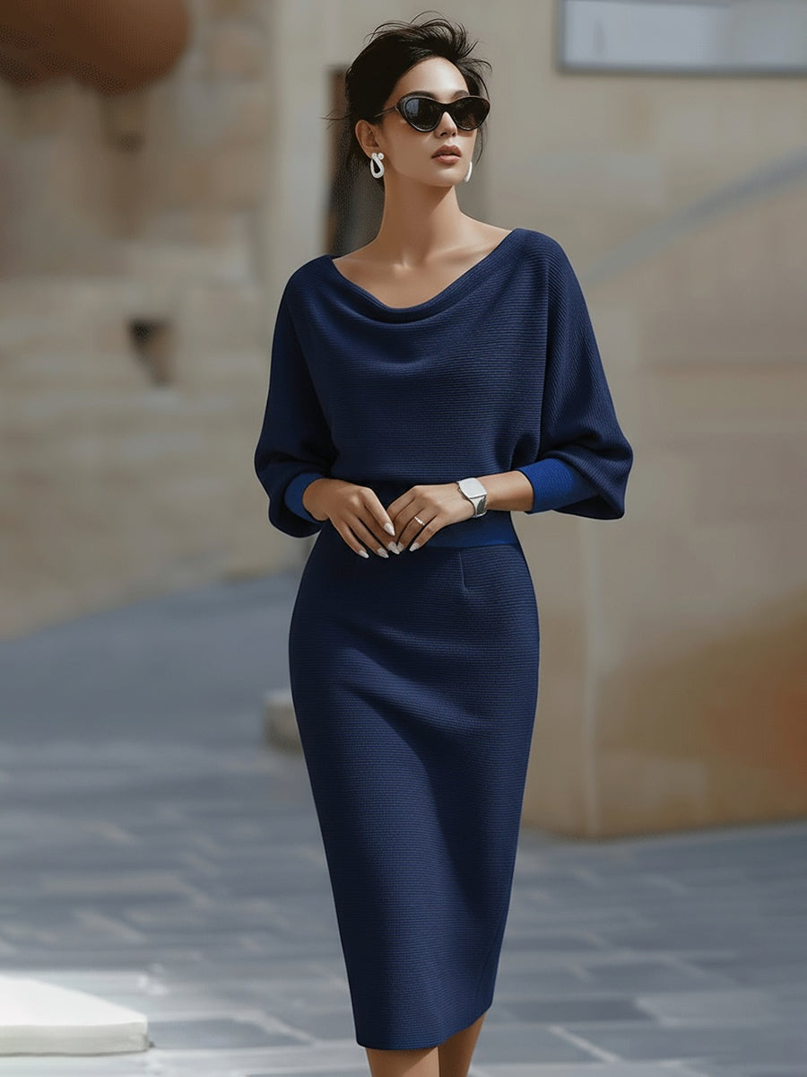 Noemi | Elegantes Strickkleid Midi Damen Wasserfallausschnitt Fledermausärmel