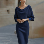 Noemi | Elegantes Strickkleid Midi Damen Wasserfallausschnitt Fledermausärmel