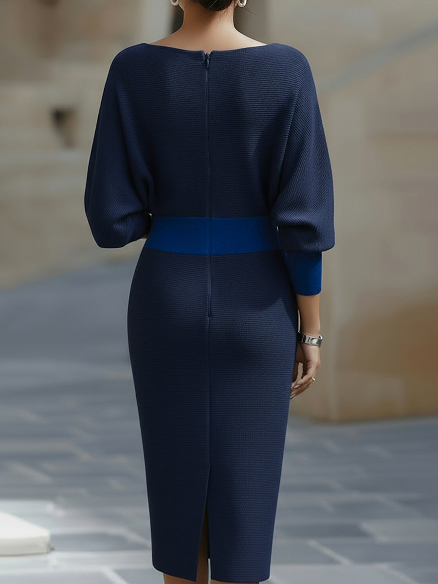 Noemi | Elegantes Strickkleid Midi Damen Wasserfallausschnitt Fledermausärmel