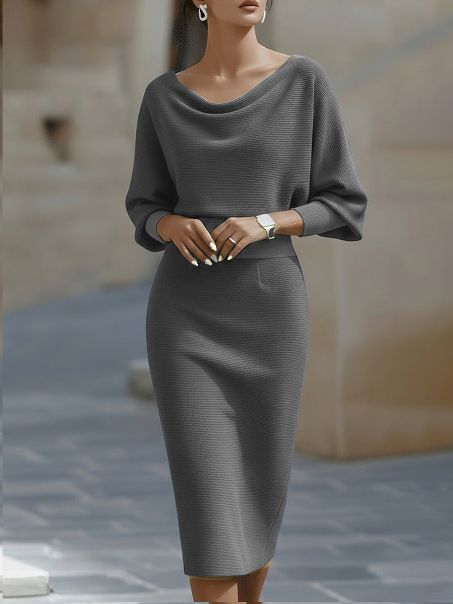 Noemi | Elegantes Strickkleid Midi Damen Wasserfallausschnitt Fledermausärmel