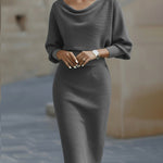 Noemi | Elegantes Strickkleid Midi Damen Wasserfallausschnitt Fledermausärmel