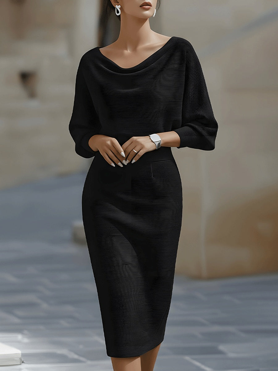 Noemi | Elegantes Strickkleid Midi Damen Wasserfallausschnitt Fledermausärmel
