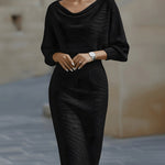 Noemi | Elegantes Strickkleid Midi Damen Wasserfallausschnitt Fledermausärmel