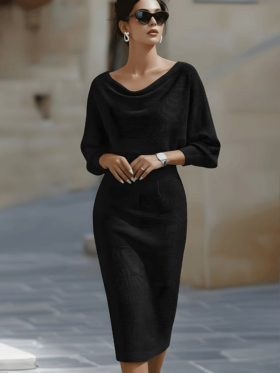 Noemi | Elegantes Strickkleid Midi Damen Wasserfallausschnitt Fledermausärmel