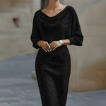Noemi | Elegantes Strickkleid Midi Damen Wasserfallausschnitt Fledermausärmel