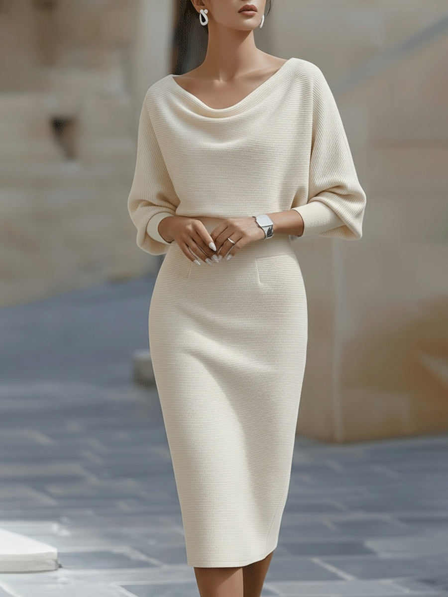 Noemi | Elegantes Strickkleid Midi Damen Wasserfallausschnitt Fledermausärmel