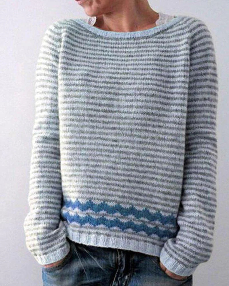 Noemi | Gestreifter Strickpullover Damen Rundhals Zickzack-Saum