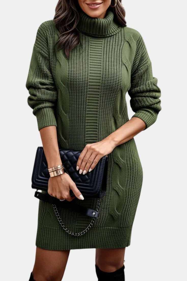 Priska | Strickkleid Mini mit Rollkragen und Zopfmuster Damen Langarm