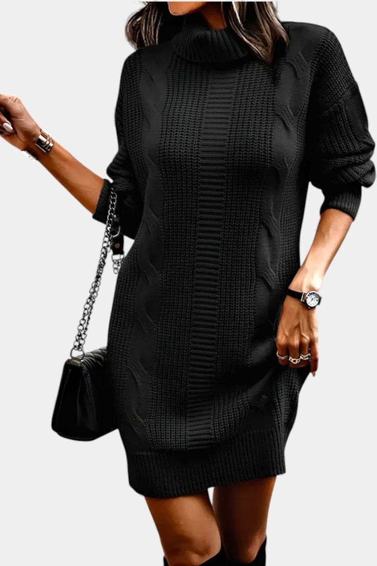 Priska | Strickkleid Mini mit Rollkragen und Zopfmuster Damen Langarm
