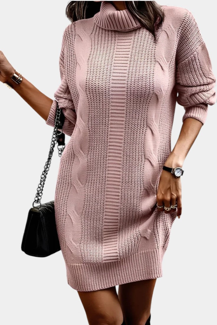 Priska | Strickkleid Mini mit Rollkragen und Zopfmuster Damen Langarm