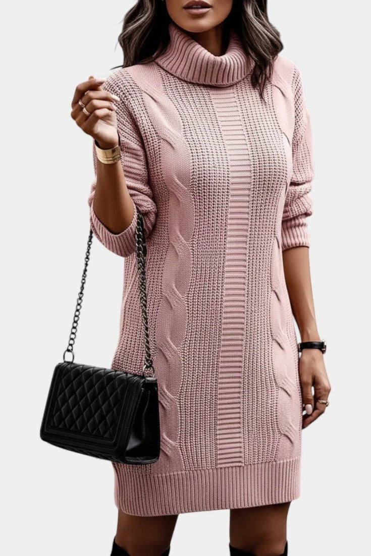 Priska | Strickkleid Mini mit Rollkragen und Zopfmuster Damen Langarm