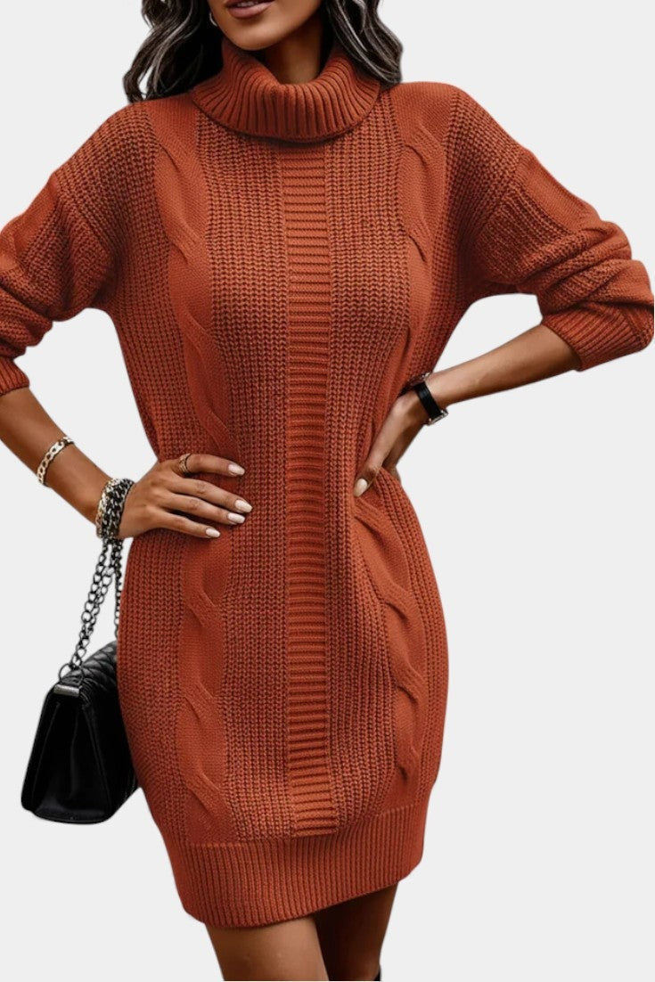 Priska | Strickkleid Mini mit Rollkragen und Zopfmuster Damen Langarm