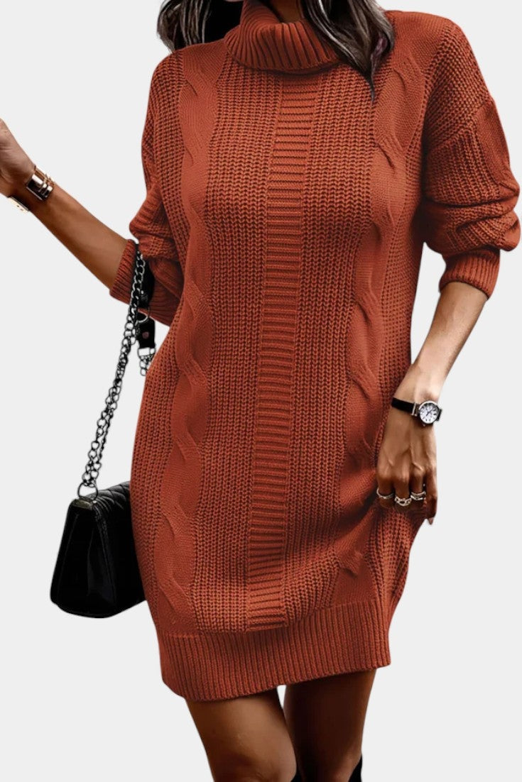 Priska | Strickkleid Mini mit Rollkragen und Zopfmuster Damen Langarm