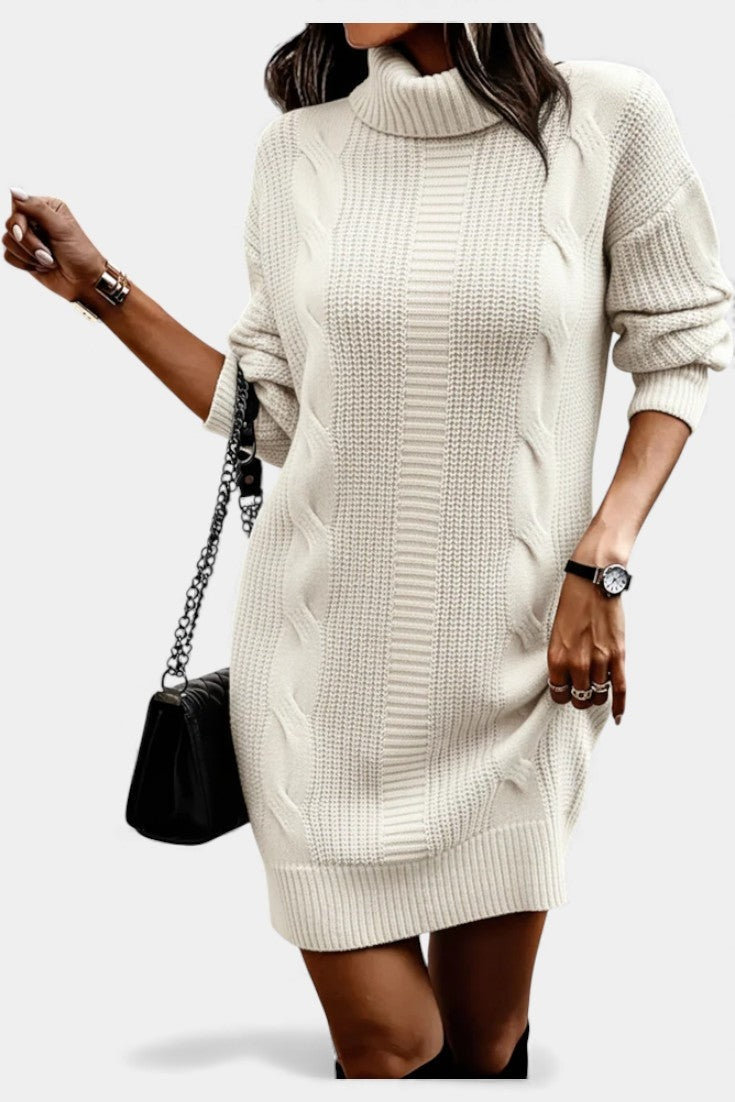 Priska | Strickkleid Mini mit Rollkragen und Zopfmuster Damen Langarm